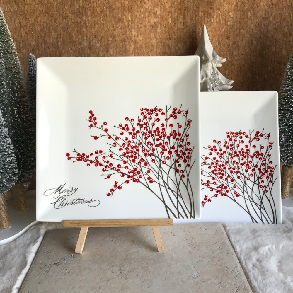 2 Nicole Miller Christmas Red Berry Dining Plates